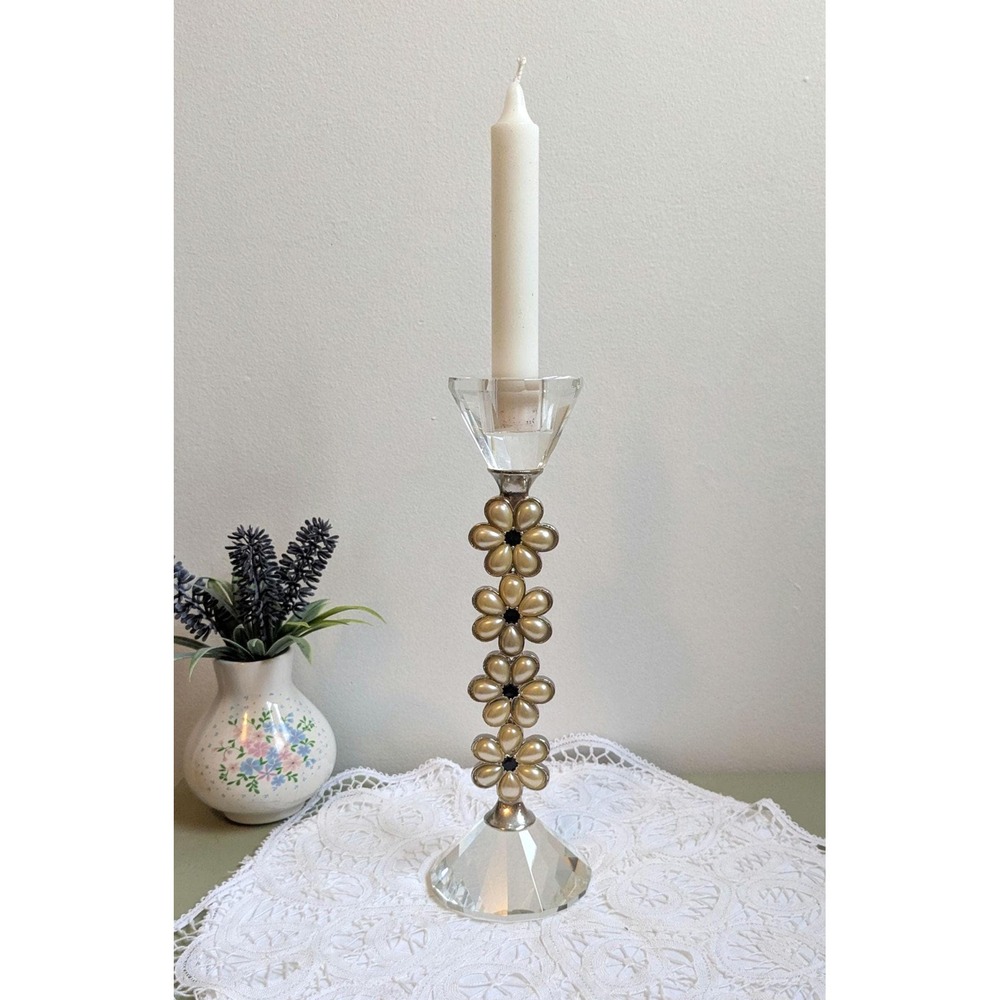 Vintage Crystal Candlestick Holder with Pearl Flower Stem, Hollywood Regency